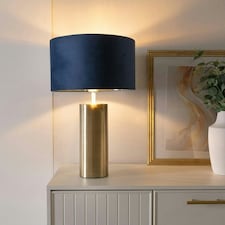 ValueLights Lexy Gold Touch Table Lamp with Navy Blue Velvet with Gold Inner Lamp Shade and LED Bulb