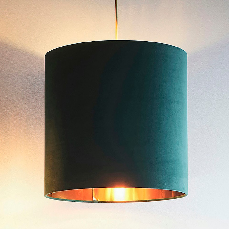 image 1 of 14" Green Velvet Cylinder Light Shade Gold Inner Green