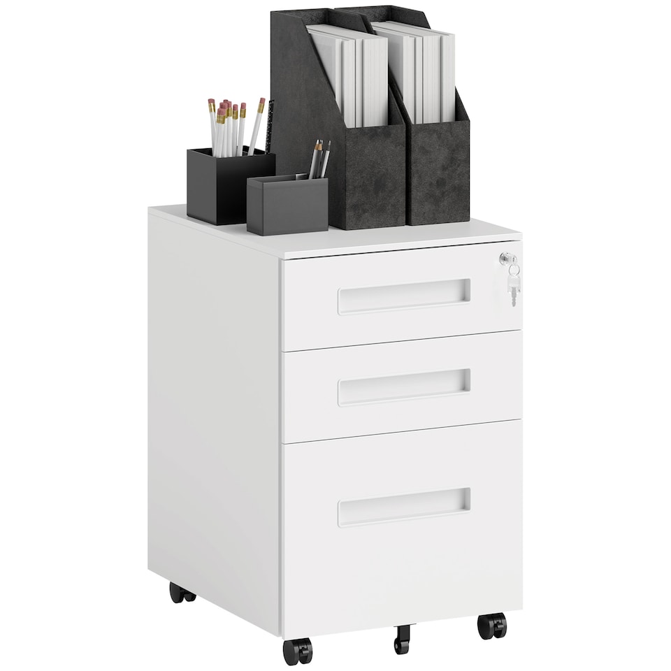 image 1 of Vinsetto 3 Drawer Mobile File Cabinet, Metal Filing Cabinet with Lock and 5 Wheels for A4 Legal Letter Sized Documents, Hanging File Folders, Pre-Assembled Body, 39 x 48 x 60 cm, White | White | White