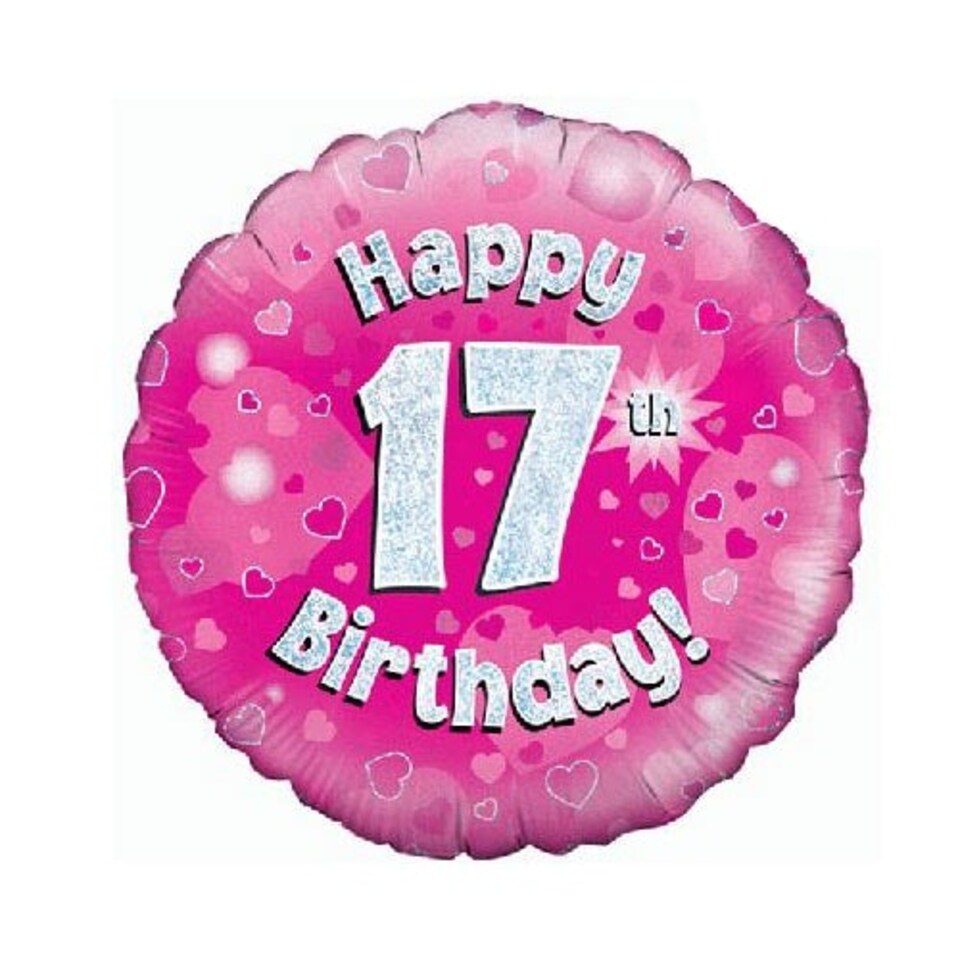 Pink Happy 17th Birthday Holographic Round Foil Helium Balloon 46cm / 18 in