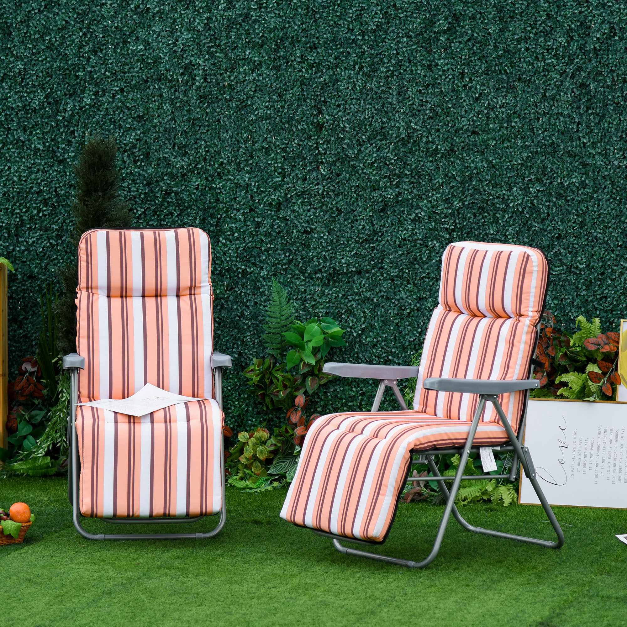 Outsunny Set of 2 Adjustable Sun Lounger Recliner Reclining Seat Orange/White | Orange