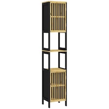 HOMCOM Tall Bathroom Storage Cabinet, Slim Bamboo Bathroom Cabinet with 2 Open Compartments, 2 Slatted Doors and Adjustable Shelves, Black