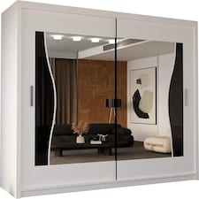 Modern Sliding Wardrobe 120cm with Wavy Mirror Design | White, Black, Grey, Oak Finish White | White120cm 
