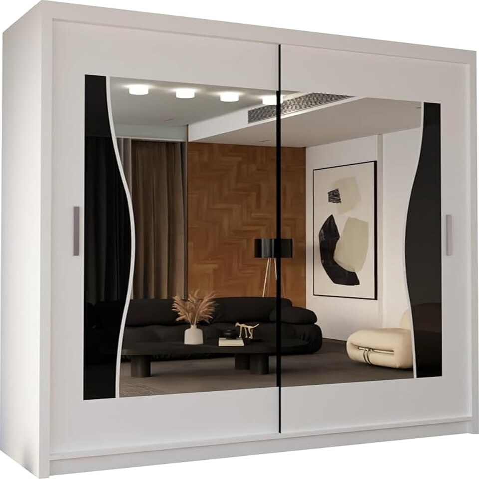 image 1 of Modern Sliding Wardrobe 120cm with Wavy Mirror Design | White, Black, Grey, Oak Finish White | White120cm 