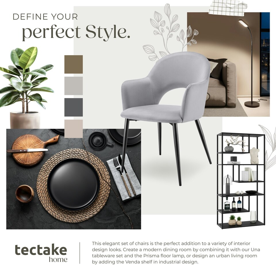 image 1 of Dining Chair Sasha- padded armchair in velvet look, continuous backrest - Set of 6 Grey | Light Grey