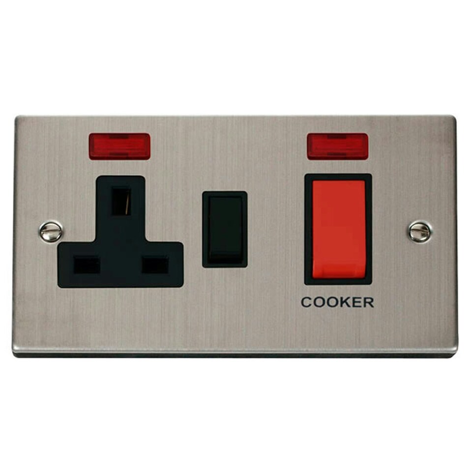 SE HOME Stainless Steel Cooker Control 45A With 13A Switched Plug Socket & 2 Neons Black | Stainless Steel