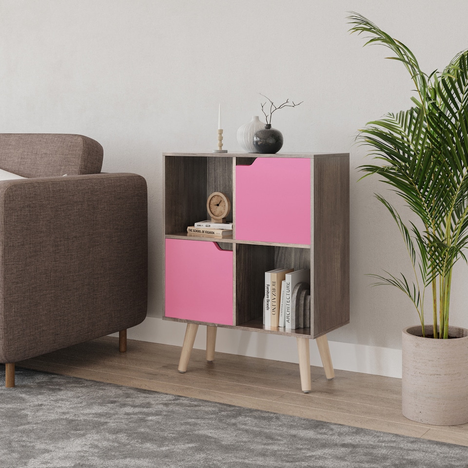 image 1 of Anthracite Oak 4-Cube Storage Unit with 2 Wooden Doors and Legs | Pink | Pink & Pine | 1