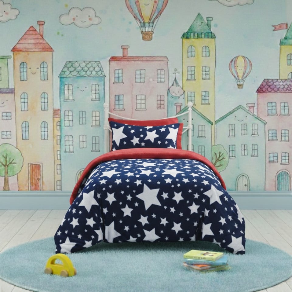 image 1 of Stars Kids Teddy Duvet Cover Set Ultra Soft Bedding with Pillowcase | Blue | Navy Blue | Single