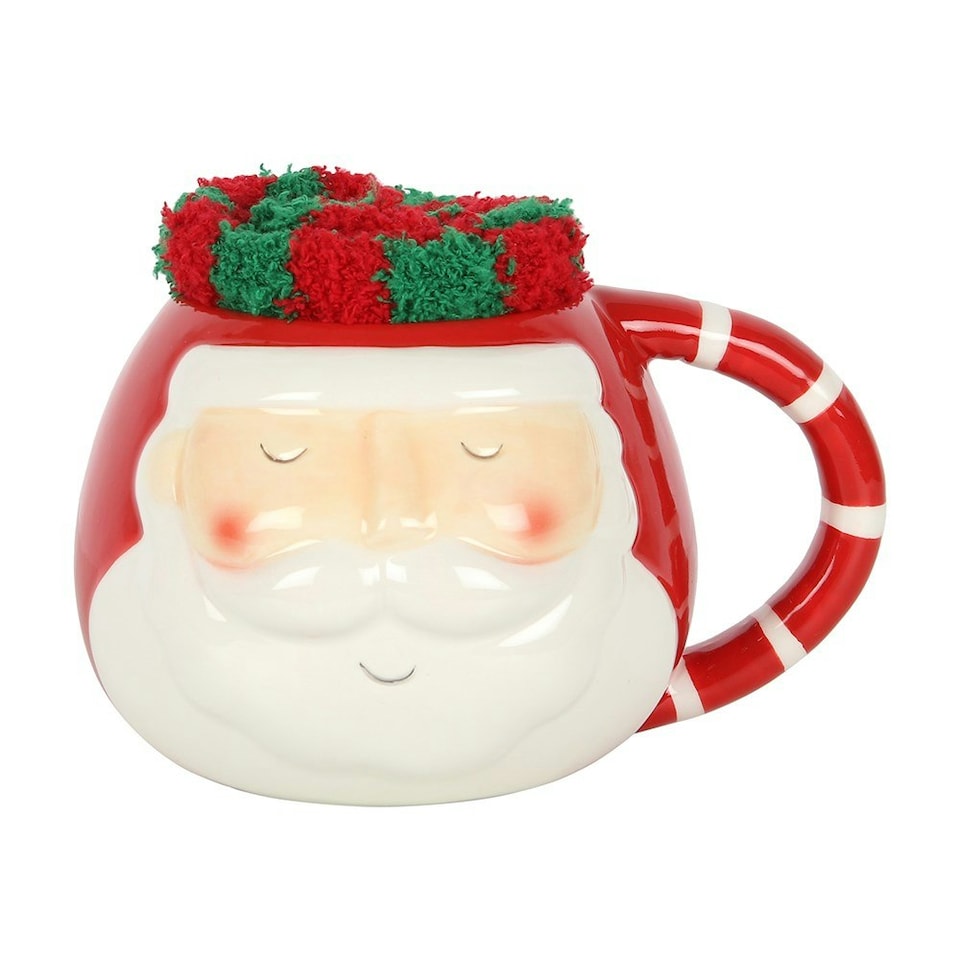 image 1 of Something Different Santa Claus Christmas Mug and Sock Set - Red/White/Green - One Size