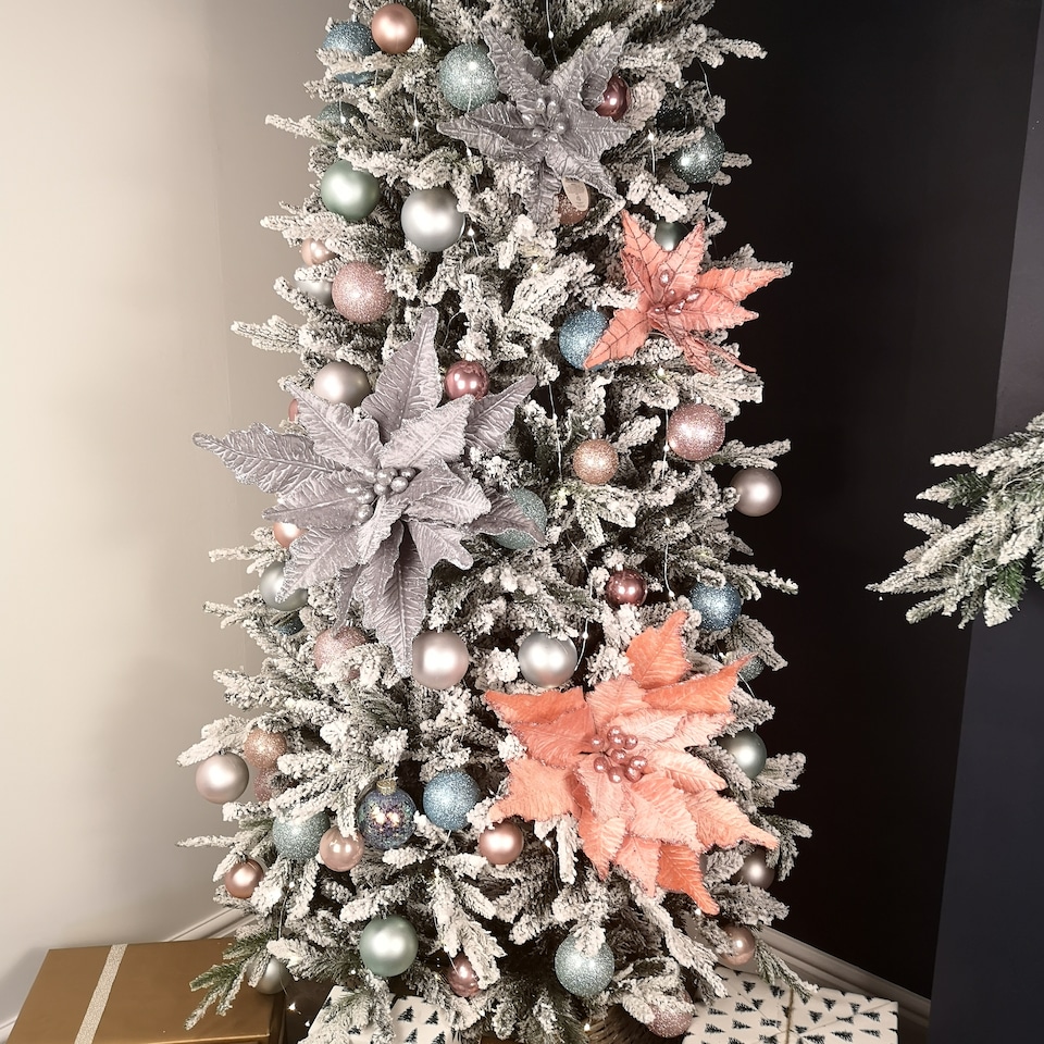 image 1 of 68cm Frosted Light Coral Pink Poinsettia Stem Christmas Decoration