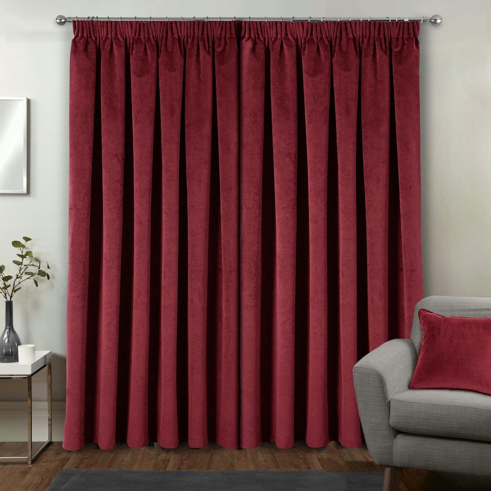 image 1 of Oxford Red Velvet Curtains 90 x 90 inch (229 x 229 cm) 100% Blackout Pencil Pleat Thermal Noise Reducing Curtains for Bedroom and Living Room
