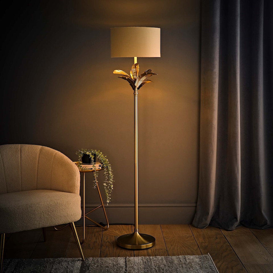 image 1 of ValueLights Christina Beige with Metallic Gold Shade Gold Palm Leaf Floor Lamp | Gold