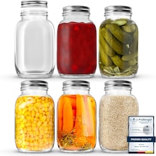 1L Mason Jar - Leakproof Glass Jar with Airtight Lid, Labels, Chalk Pen & Cleaning Brush | Clear | Clear | 1000ml - 6 Pack | 6