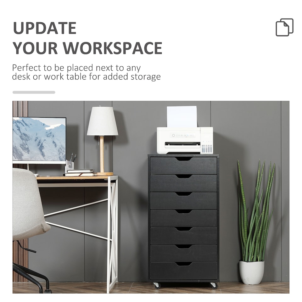 image 1 of Vinsetto Vertical Filing Cabinet, 7-drawer File Cabinet, Mobile Office Cabinet on Wheels for Study, Home Office, Black