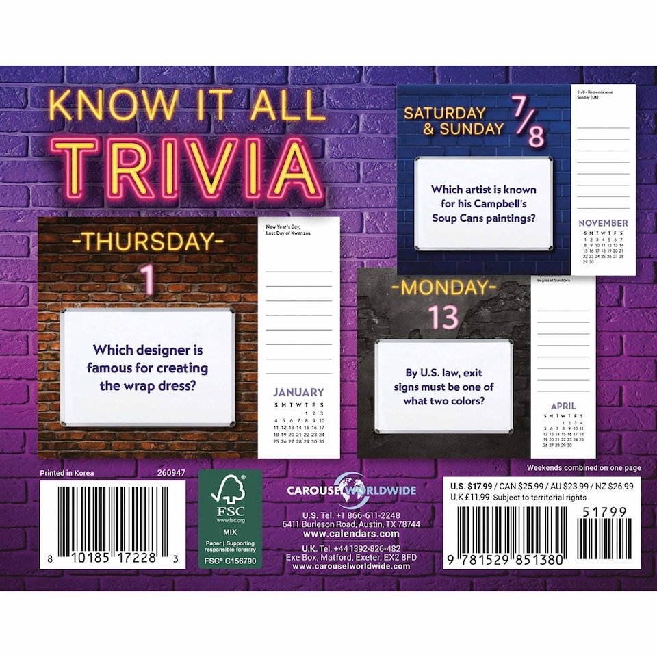 image 1 of Know it All Trivia Desk Calendar 2026, Desk Calendars, Day To View, Entertainment, Gift