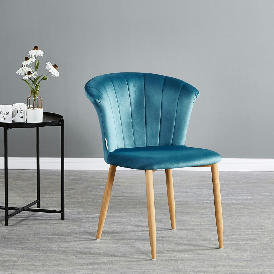 image 1 of Set of 4 Elsa Velvet Dining Chairs with Wooden Legs, Curved Back & Comfortable Seating Blue