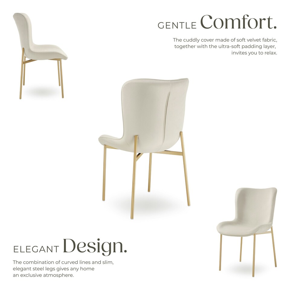 image 1 of Dining Chair Tessa - ergonomic high backrest, slim steel legs, soft fabric - per piece Cream | Velvet Look Beige/Gold