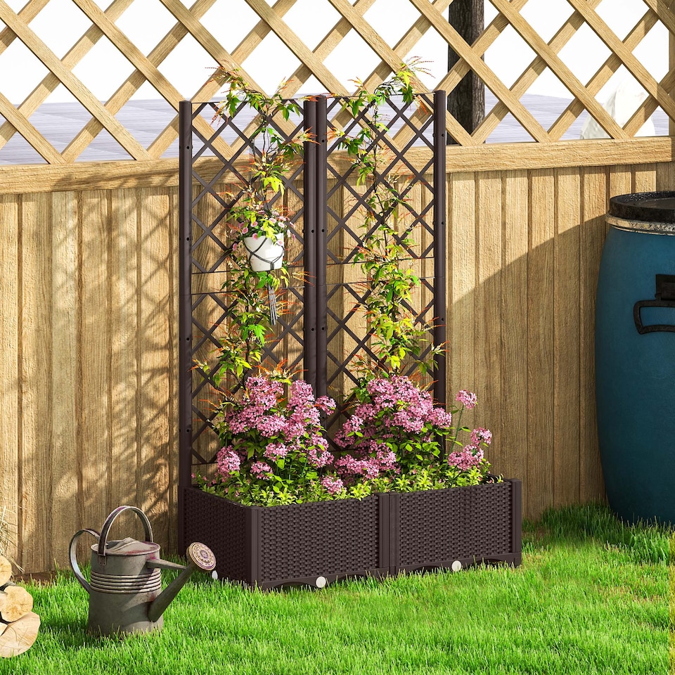 image 1 of Outsunny Raised Garden Bed with Trellis, Plastic Planter Box with Drainage Holes, Drain Plugs and Water Reservoirs for Climbing Plants, Vegetables, Flowers | Brown
