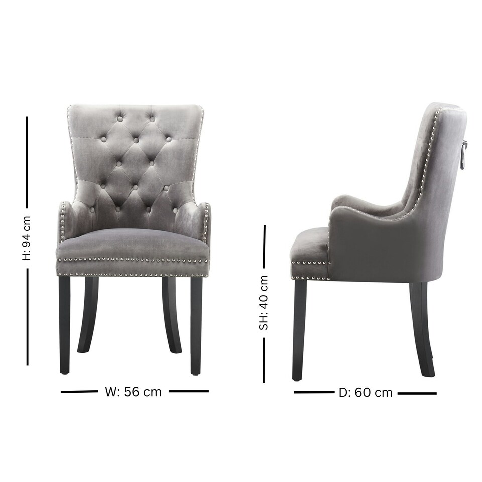 image 1 of Single Velvet Dining Chair with Armrest, Ergonomic Scoop Knockerback & Button Tufted Wood Legs Grey | Dark Grey
