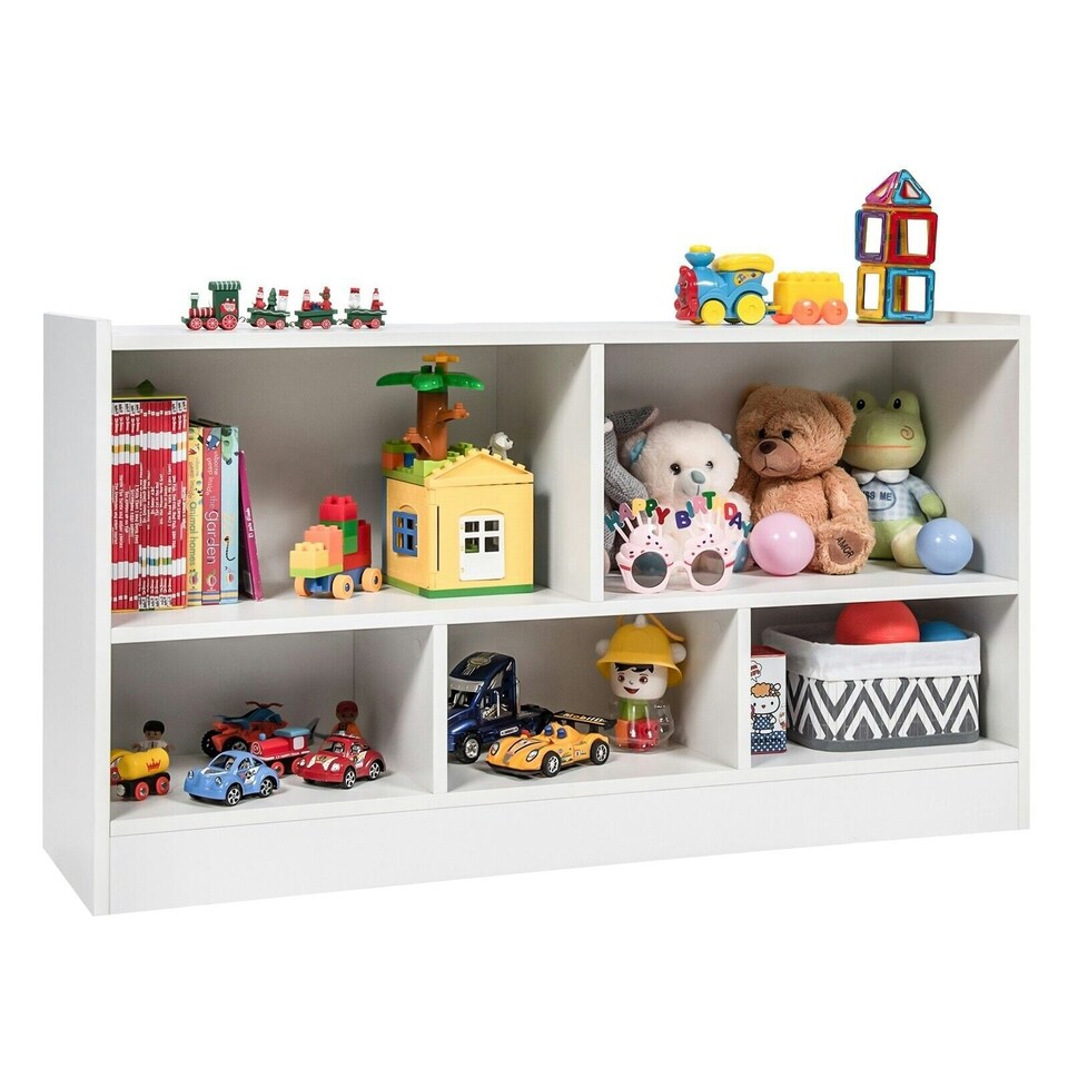 image 1 of COSTWAY Kids Storage Shelf 5-Cubby Wooden Bookcase White | White
