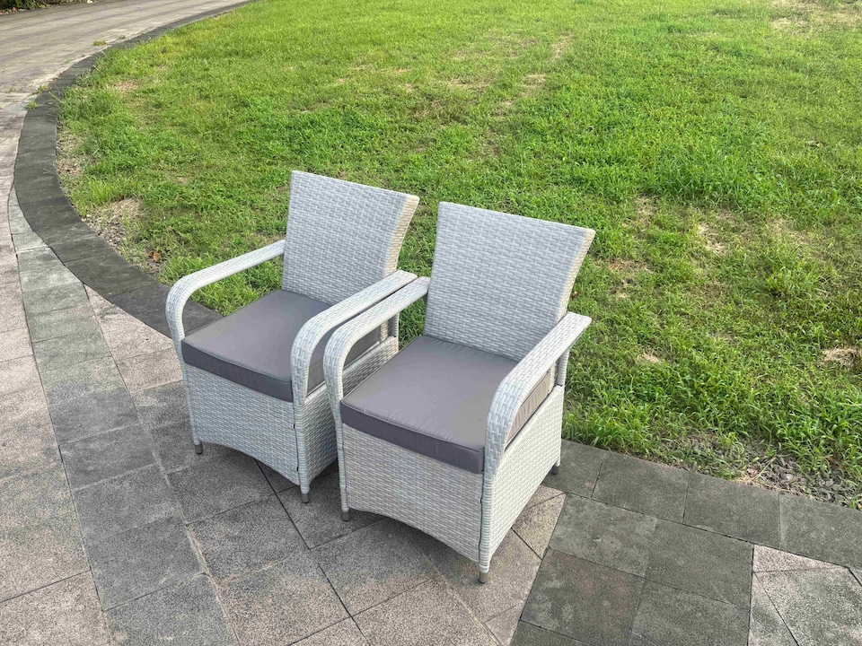 image 1 of Fimous Light Grey Rattan Outdoor Garden furniture Set Height Adjustable Rising Lifting Table and 6 Chairs Set with Seat Cushion