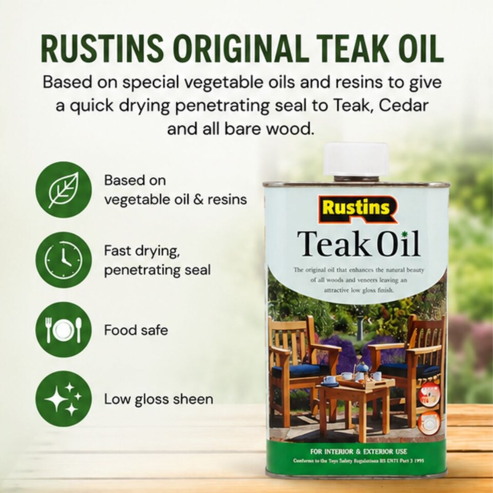image 1 of Rustins Teak Oil Enhances Woods Interior/Exterior Gloss 1L