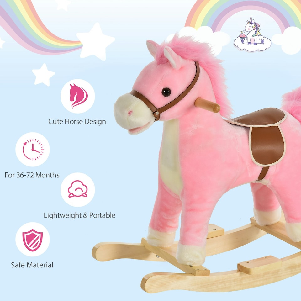 image 1 of HOMCOM Kids Plush Rocking Horse w/ Moving Mouth Tail Sounds 18-36 Months Pink