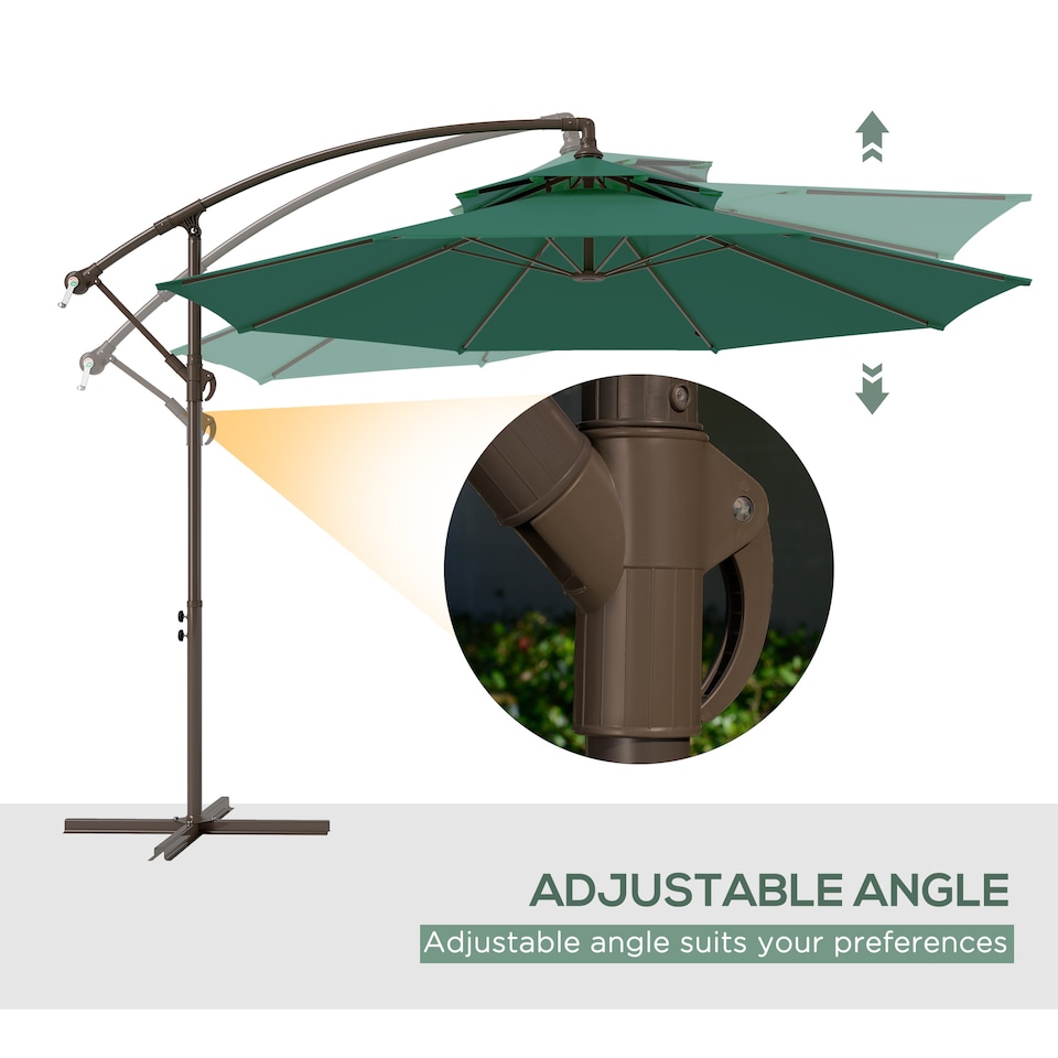 image 1 of Outsunny 2.7m Garden Banana Parasol Cantilever Umbrella with Crank Handle, Double Tier Canopy and Cross Base for Outdoor, Hanging Sun Shade, Green