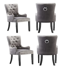 Set of 4 Velvet Dining Chairs with Armrest, Ergonomic Scoop Knockerback & Button Tufted Wood Legs Grey | Dark Grey