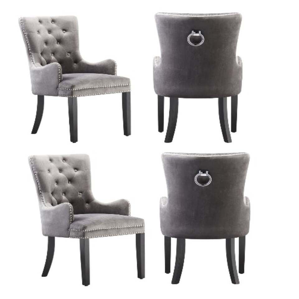 image 1 of Set of 4 Velvet Dining Chairs with Armrest, Ergonomic Scoop Knockerback & Button Tufted Wood Legs Grey | Dark Grey