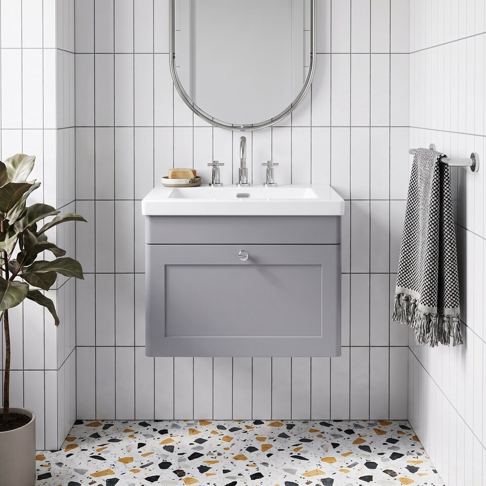 image 1 of Balterley Swynnerton Traditional 1 Drawer Wall Hung Vanity Unit with Fireclay Basin, Satin Grey, 600mm