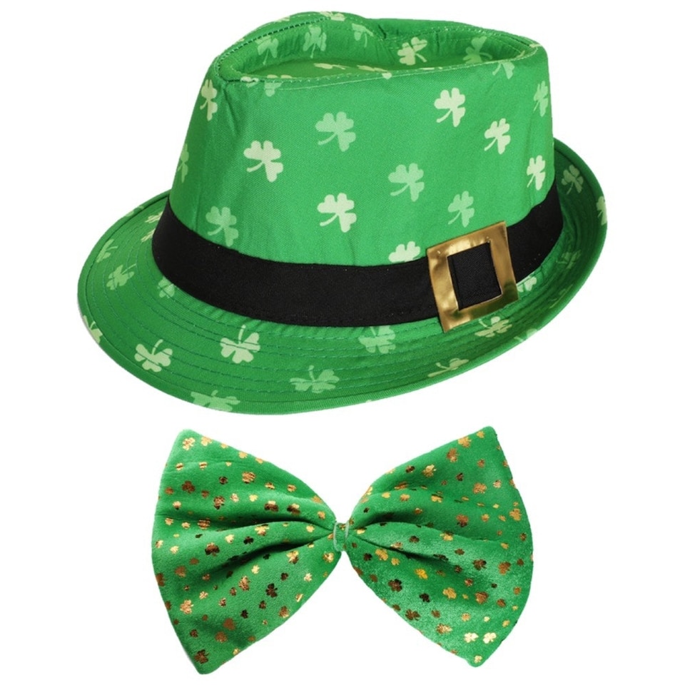 image 1 of Pack of 6 Irish Trilby Hat & Jumbo Irish Bow Tie Green | One Size