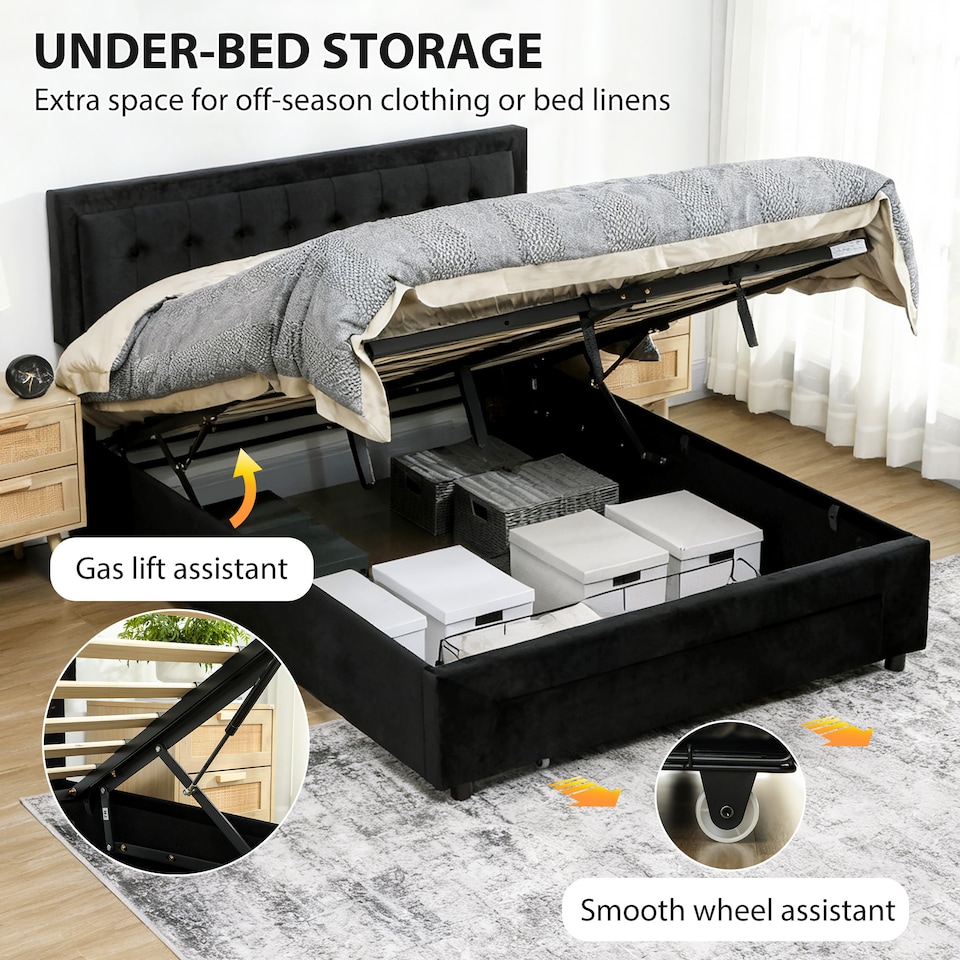 image 1 of HOMCOM King Size Bed Frame with Storage and Adjustable Headboard, Black | Black