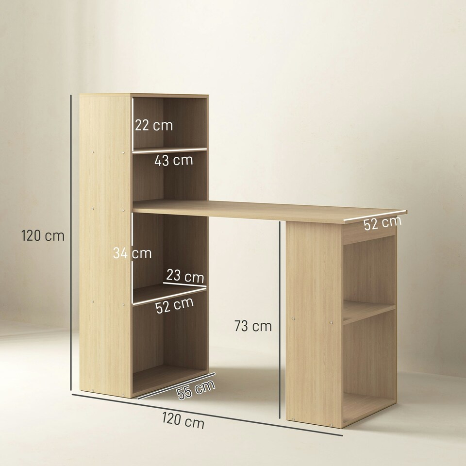image 1 of HOMCOM 120cm Computer Desk Bookshelf Writing Table 6 Shelves Natural | Brown | 120L x 55D x 120H cm