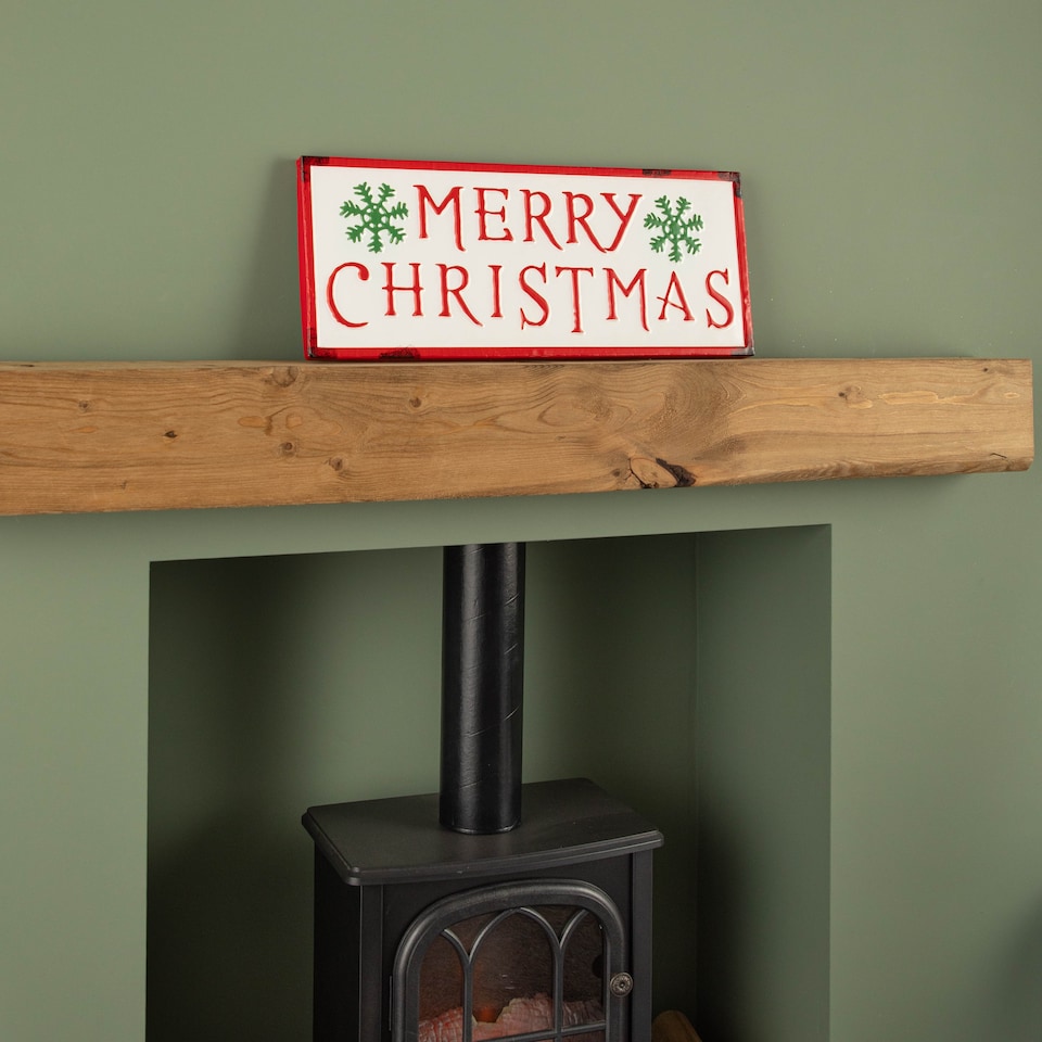 image 1 of 57cm Metal Merry Christmas Hanging Sign in Red & White with Green Snowflakes