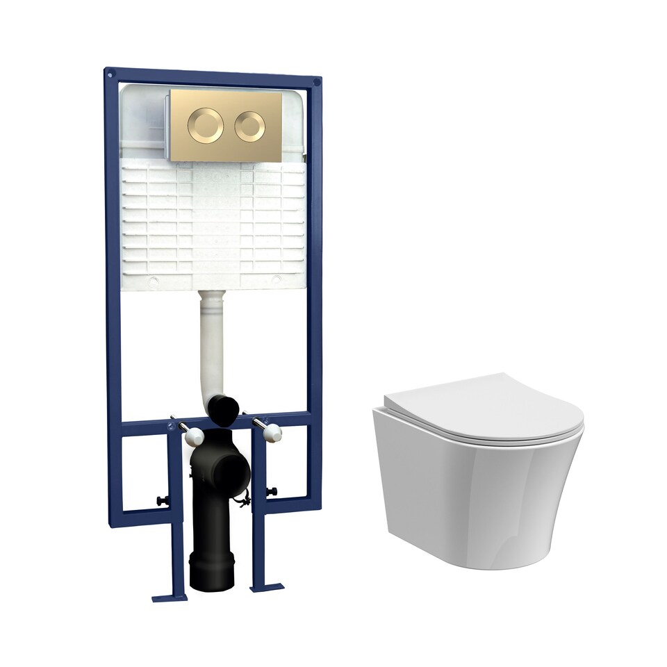 image 1 of Balterley Baswich Contemporary Round Wall Hung Toilet Pan and Seat with Concealed Cistern and Flush Plate with Round Buttons - White/Brushed Brass