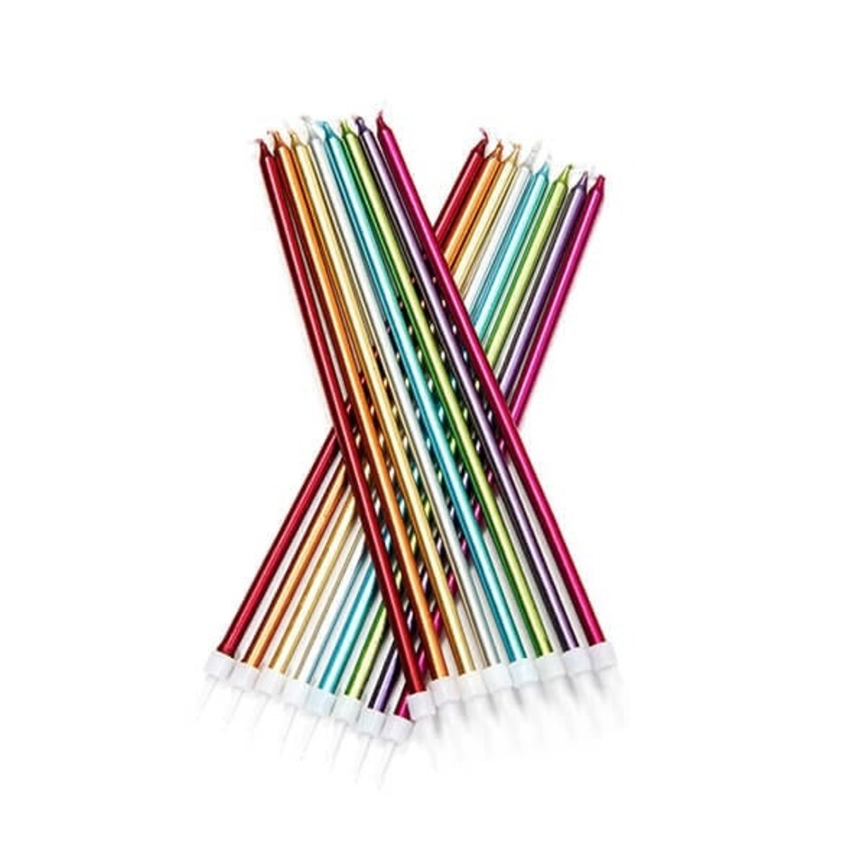 image 1 of Anniversary House Extra Tall Candles Rainbow Metallic with Holders Pack of 16