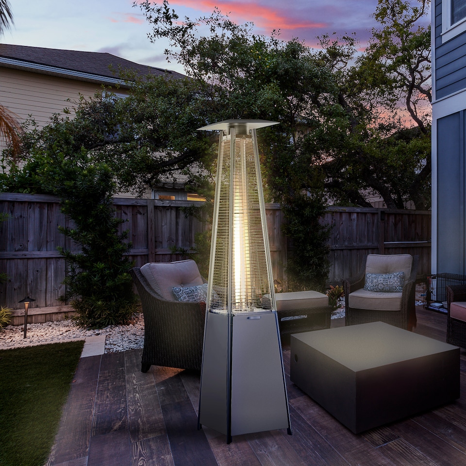 image 1 of Outsunny 10.5KW Propane Patio Heater Freestanding Pyramid Gas Outdoor Tower Heater Warmer with Wheels, Rain Cover, Regulator and Hose - Silver