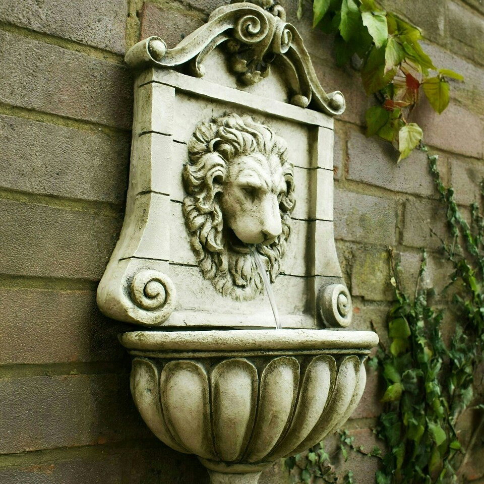 image 1 of Primrose King Lion Head Wall Mounted Antique Effect Water Feature Cream 50cm