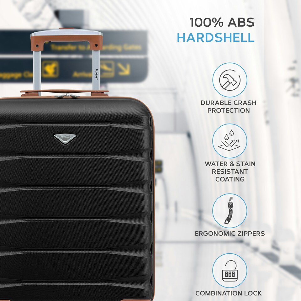 image 1 of Flight Knight Suitcase Set, Large Suitcase, Extra Large Suitcase, Cabin Suitcase 55x40x20cm - 60+ Airlines Approved - EasyJet, Jet2, Ryanair Priority Carry On | Black | Black/Tan | Large