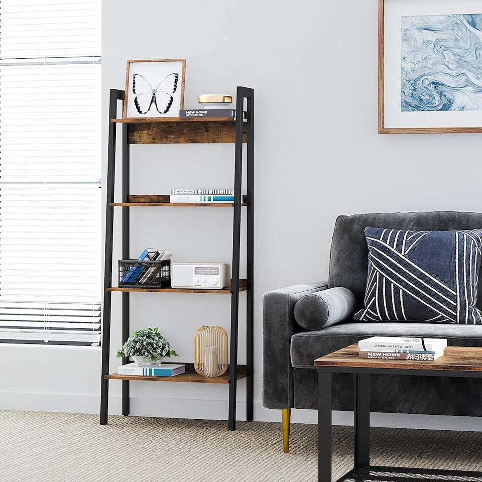 image 1 of 4-Tier Slim Ladder Shelf Vertical Bookcase Storage Unit for Home Office, Rustic Brown and Ink Black