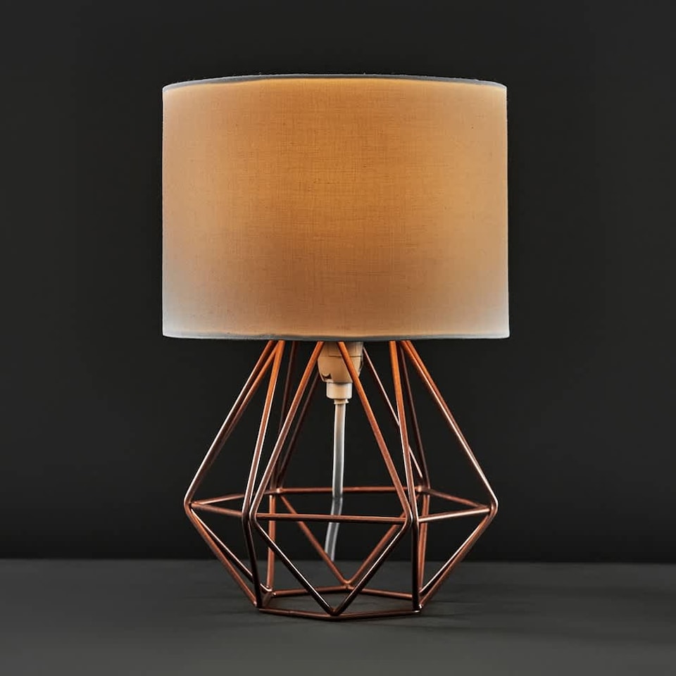 image 1 of ValueLights Mini Angus Pair Copper Metal Basket Cage Table Lamps White Shade and Bulbs