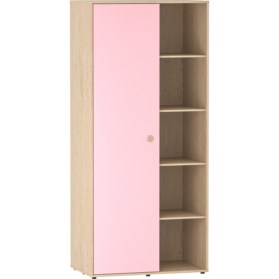 image 1 of Junior Vida Neptune 1 Door Wardrobe 5 Shelves & Clothes Rail, Pink & Oak