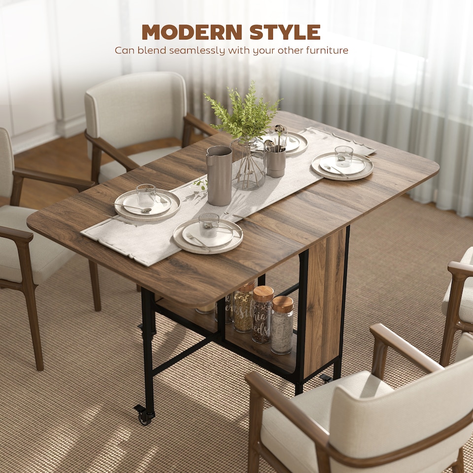 image 1 of HOMCOM Mobile Drop Leaf Table, Folding Dining Table with 6 Wheels & Storage Shelf for Small Spaces, Kitchen, Dining Room, Light Brown