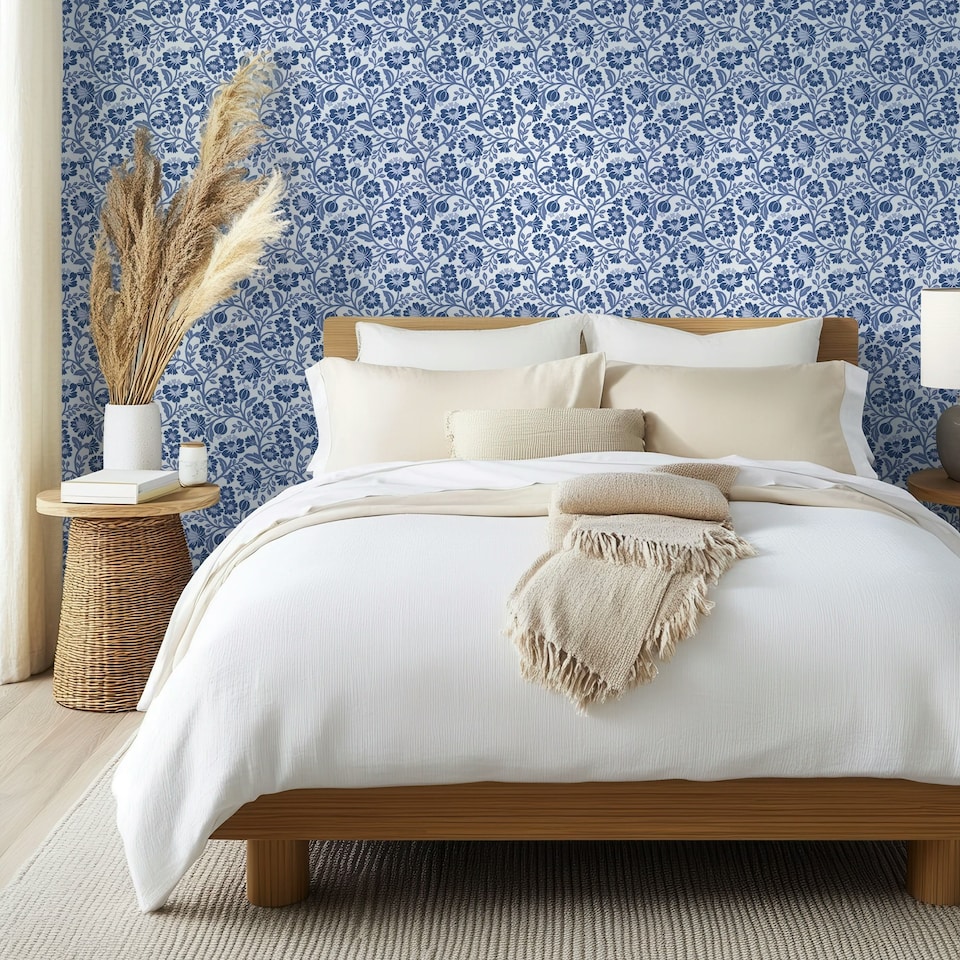 image 1 of Folksy Floral Wallpaper in Blue on White Blue