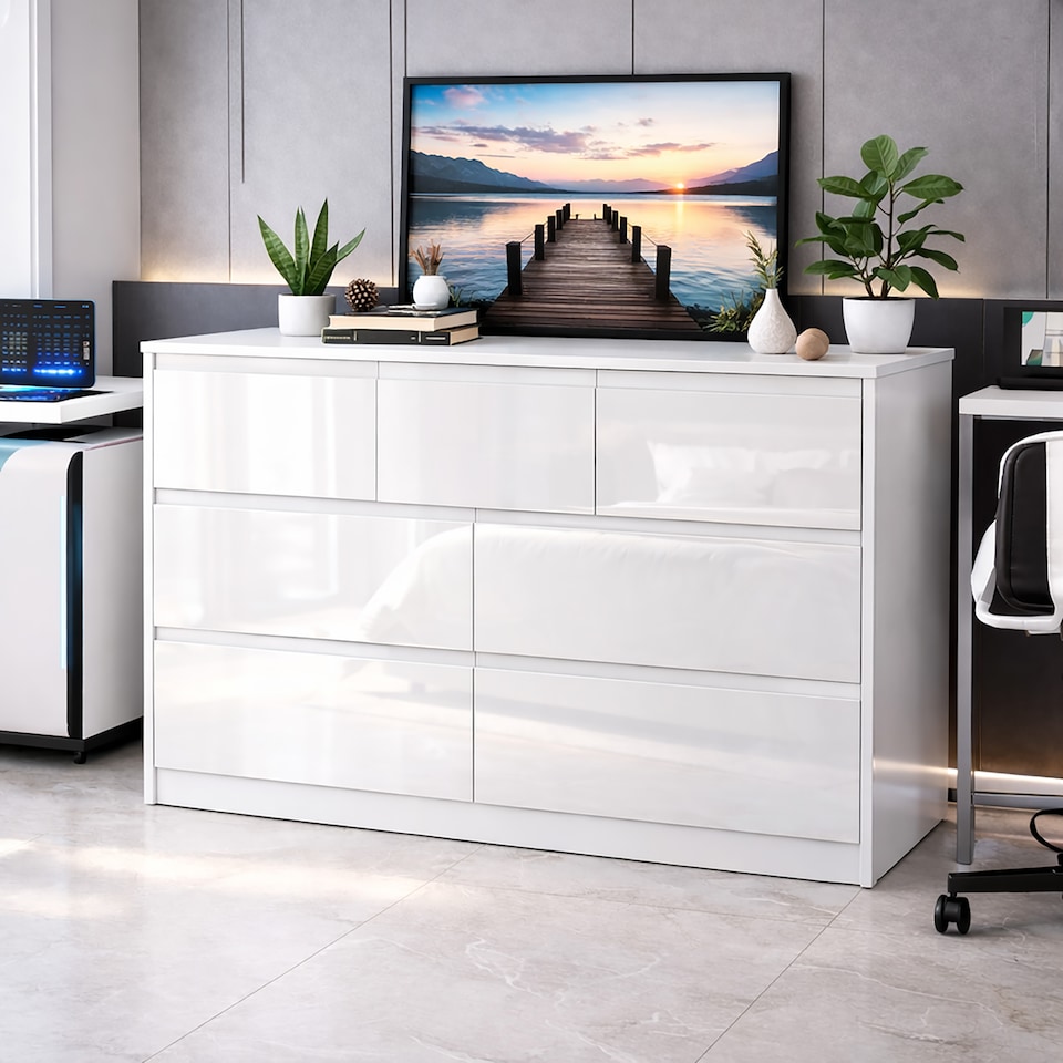 image 1 of LUXURY White High Gloss Chest of Drawers, 7 Drawer Handleless Cabinet