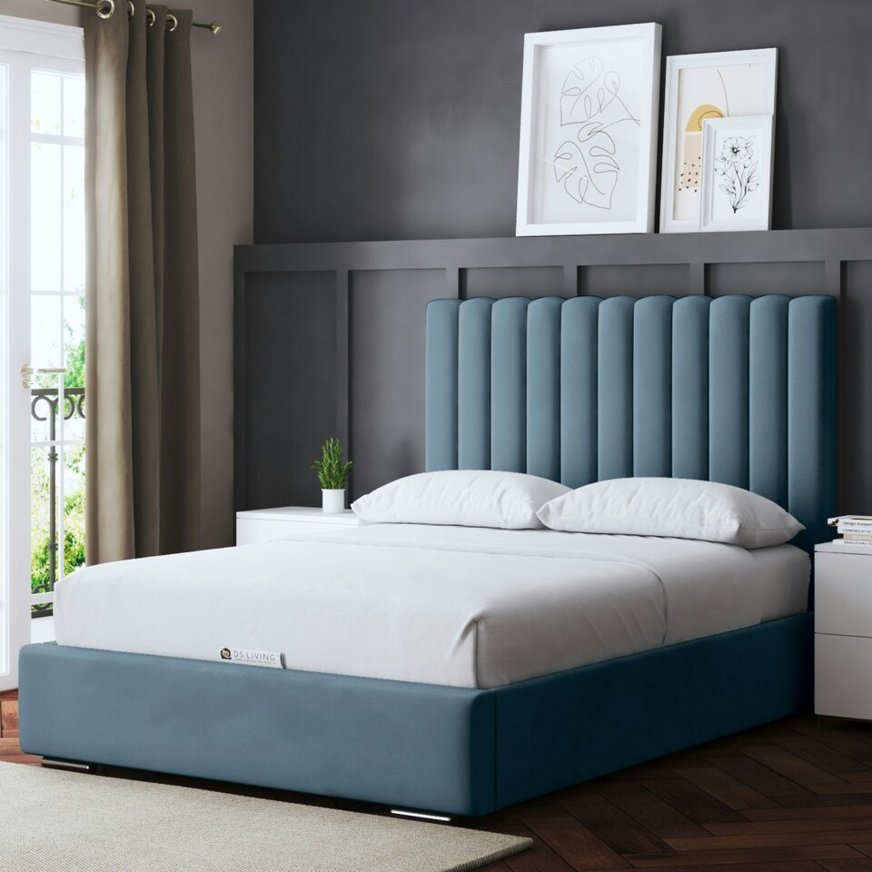 image 1 of Evangeline Divan Bed with Upholstered Headboard - Blue - Small Double / 4ft