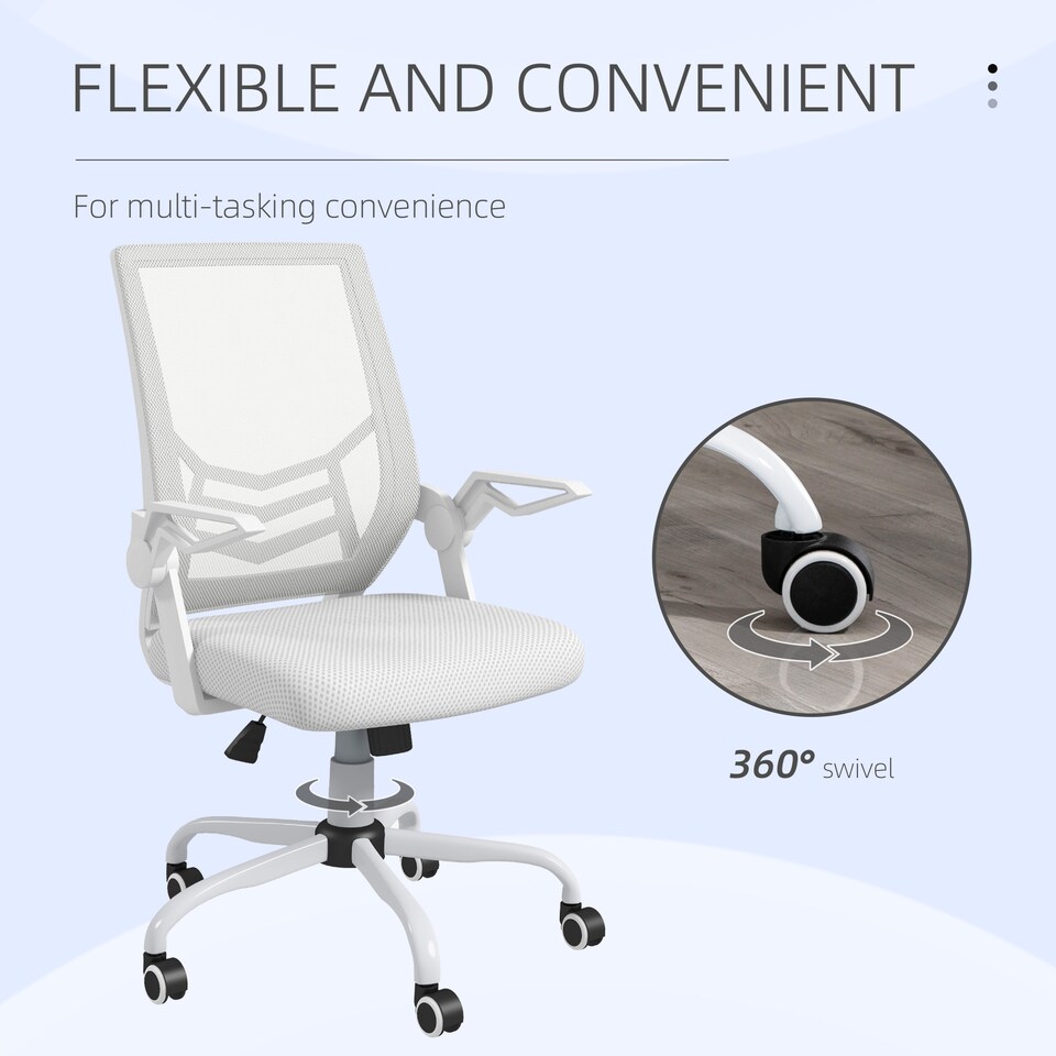 image 1 of Vinsetto Office Chair with Flip-up Armrest, Mid Back Desk Chair with Mesh Back, Lumbar Support, Adjustable Height, Swivel Wheels for Home, White