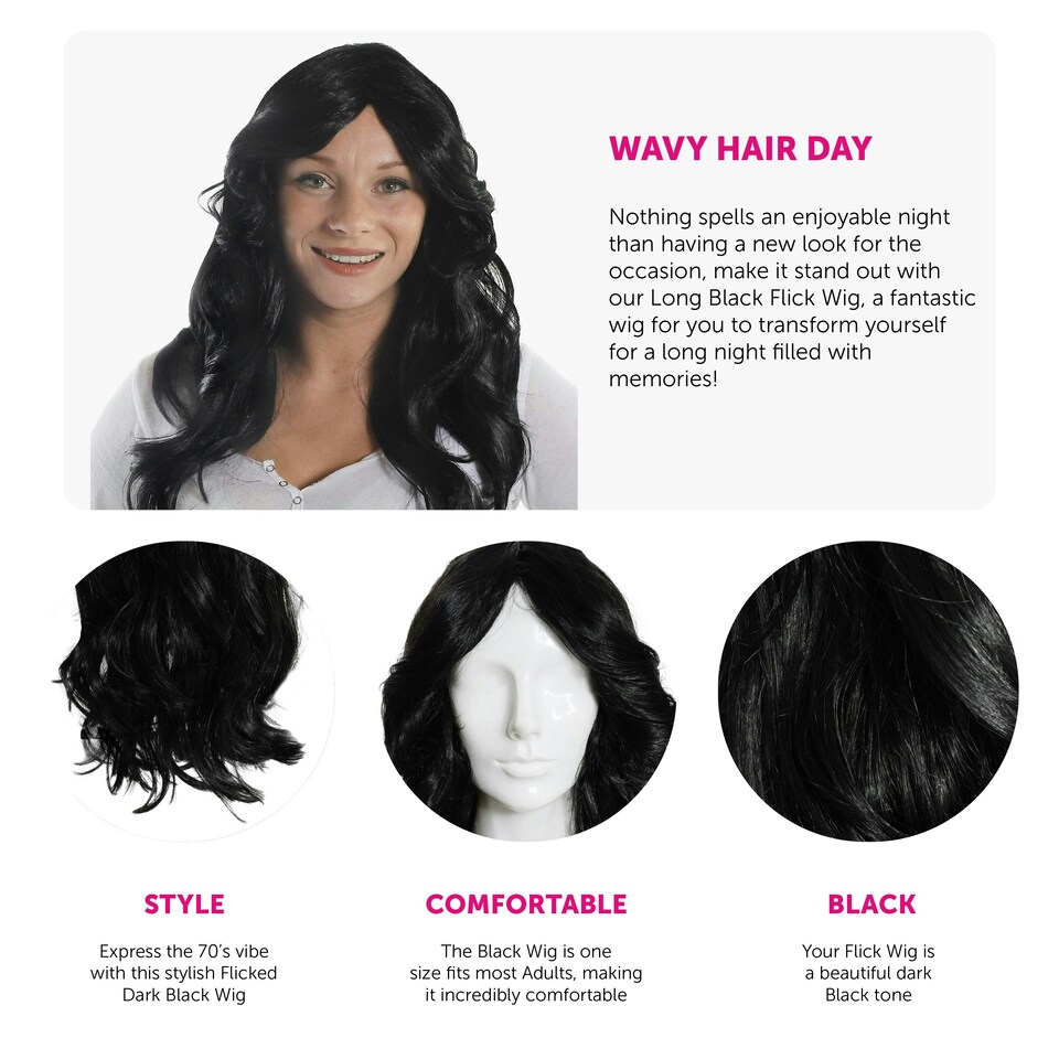 image 1 of 70s Flick Wig – Black Retro Fancy Dress Hairpiece for Disco & Vintage Costumes Black | One Size