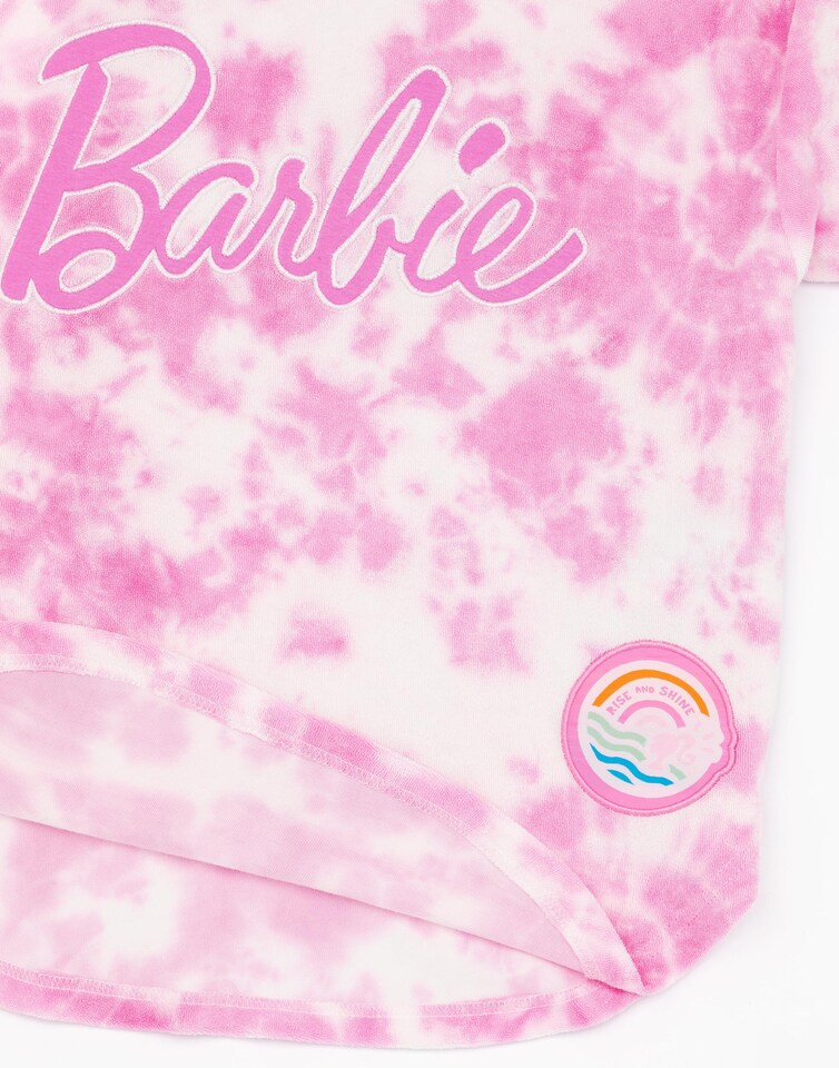 image 1 of Barbie Girls Towel Poncho | Pink Tie Dye Wearable Bath Towel For Kids | Classic Logo Graphic Hooded Changing Robe | Short Sleeve Cosy Swimwear Beach Cover Up Merchandise Gift for Children